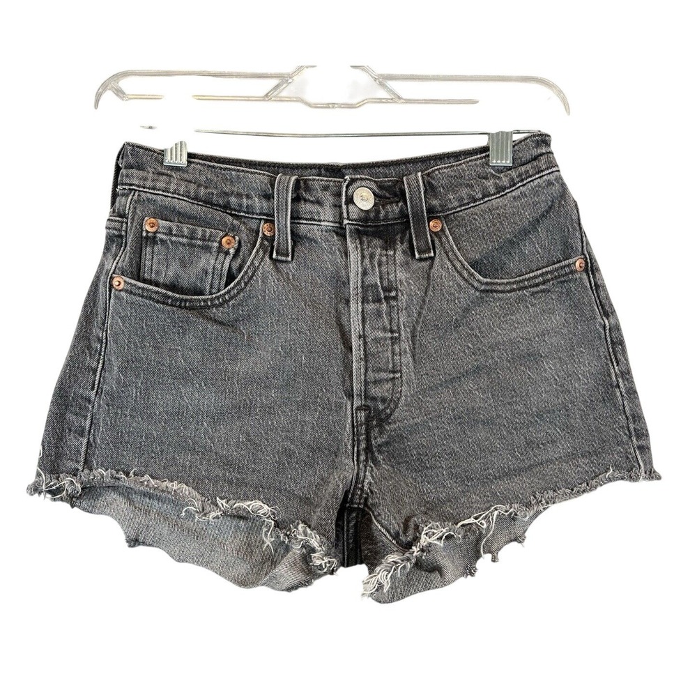 Levi's 501 Original Shorts Women 24 Faded Black Mid Rise Button Fly Raw Hem